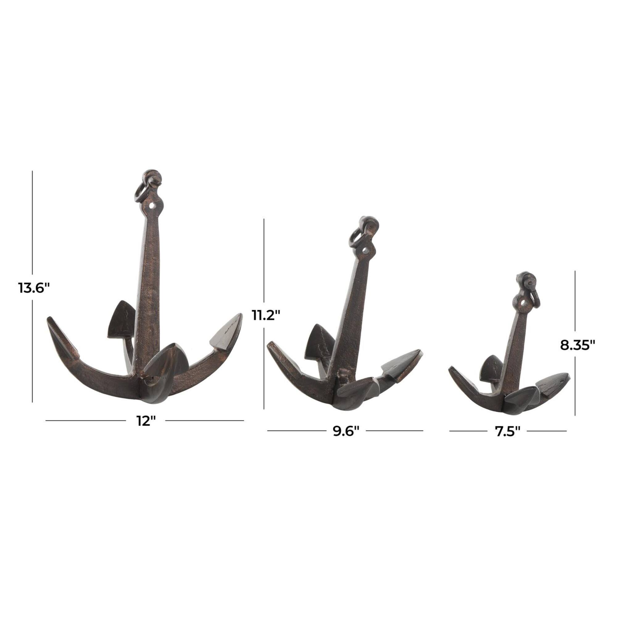 Weathered Copper Aluminum Anchor Sculpture with Hanging Hooks Set